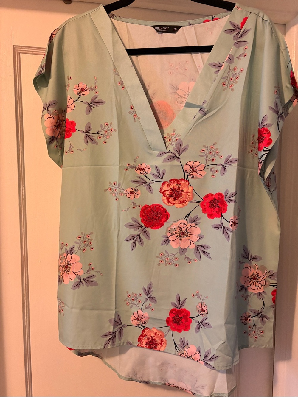 SHEIN Mint Green Floral V-Neck Top with Pink & Red Flowers